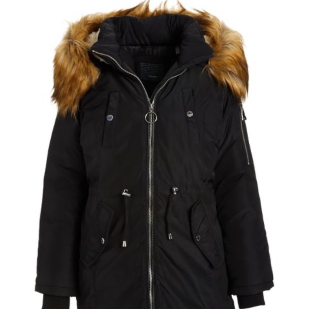 Steve Madden Black Faux Fur-Trim Hooded Anorak
